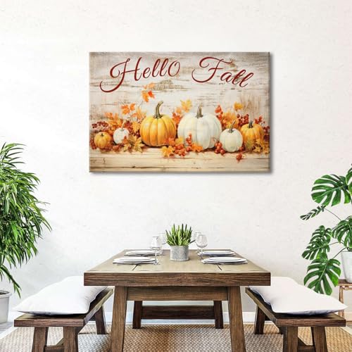 Fall Wall Art Pumpkin & Maple Leaves Canvas Decor - 48 x 32 Inches - Rustic Autumn Home Decor - Pumpkin-2 Variation