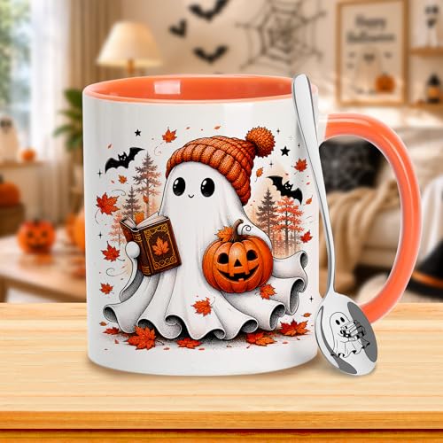 Halloween Ghost Coffee Mug with Spoon - Fall Ghost Gift for Book Lovers - Variation GhoPu26