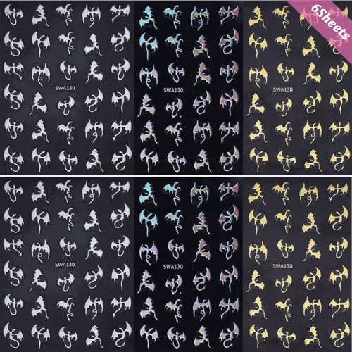 Halloween Nail Stickers for Nail Art Metallic Bat & Dragon Decals 6 Sheets