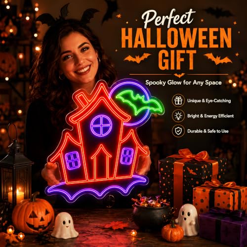 Halloween Neon Sign - Haunted House with Bats LED Wall Light, Dimmable USB Decor