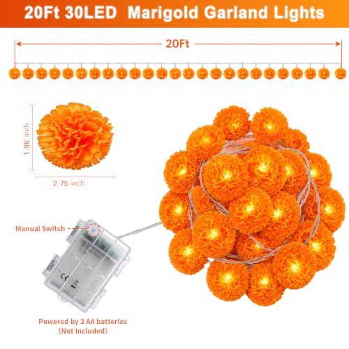 20Ft Orange Marigold Garland String Lights for Day of the Dead Decorations - 30 LEDs