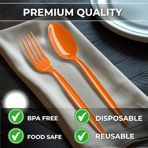 Orange Plastic Spoon and Fork Set - 50 Each, Disposable Party Cutlery