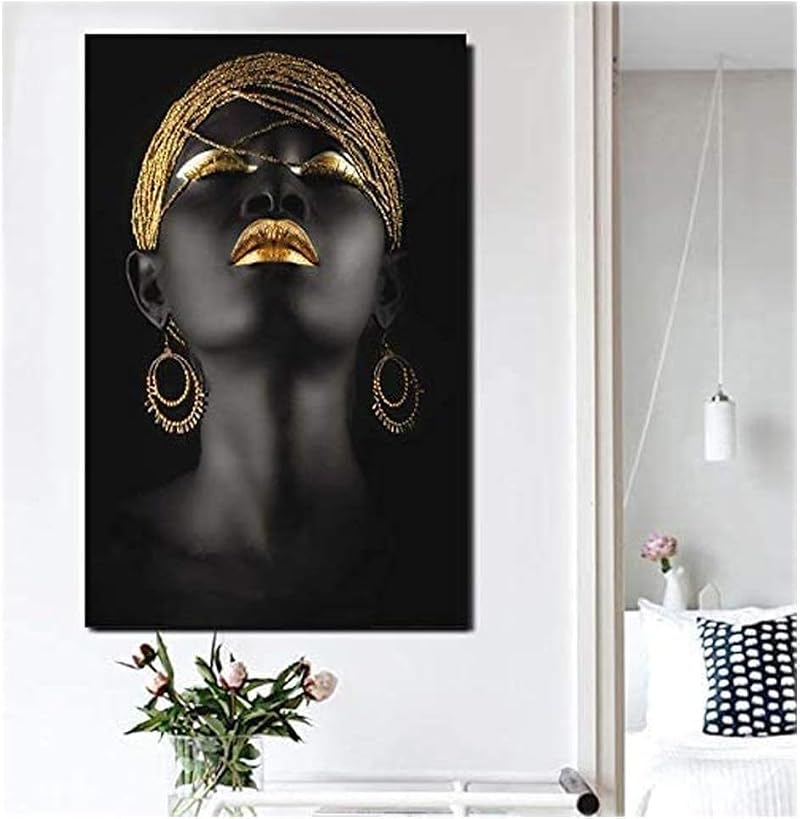 African Woman Canvas Wall Art - Black and Gold Oil Painting for Living Room & Bedroom - Golden Variation, 35.4 x 23.6 inches