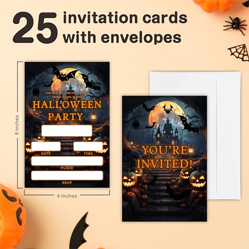 Halloween Party Invitations - Retro Castle Design, 25 Fill-In Cards & Envelopes