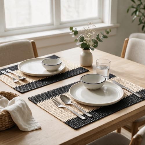 Black Paper Woven Stripe Placemats Set of 4 - 12x18 Inch