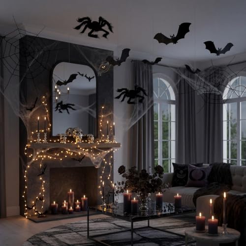 Halloween LED String Lights with Spiders and Bats Indoor Decor Set - 17 Pieces