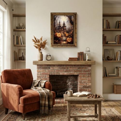 Haunted House Pumpkins Halloween Wall Art - Vintage Gold Framed Canvas, 24x16 Inches