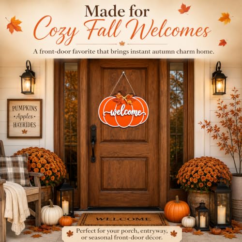 Orange Fall Pumpkin Door Hanger Wooden Welcome Sign for Home & Porch