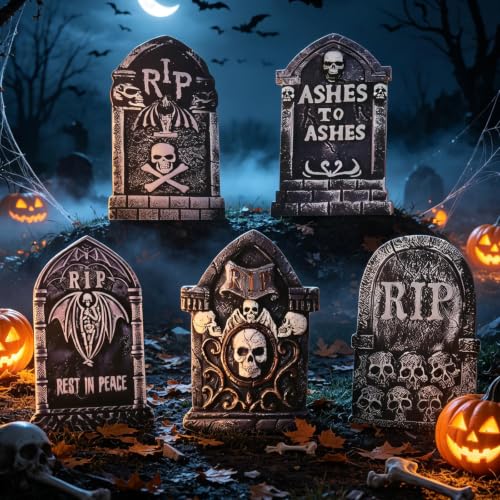 25.6 Inch Halloween Tombstones Outdoor Graveyard Decorations 5-Pack - Weatherproof Plastic, Spooky Cemetery Props, Stable Stakes