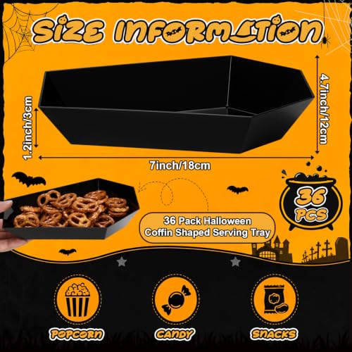 Halloween Candy Bowl Set - Coffin Shape Plastic Serving Trays, Black, 36 Pcs