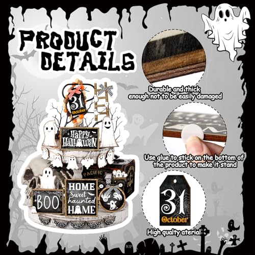 Halloween Wooden Tiered Tray Decorations Set Ghost Black & White - MiniInflat