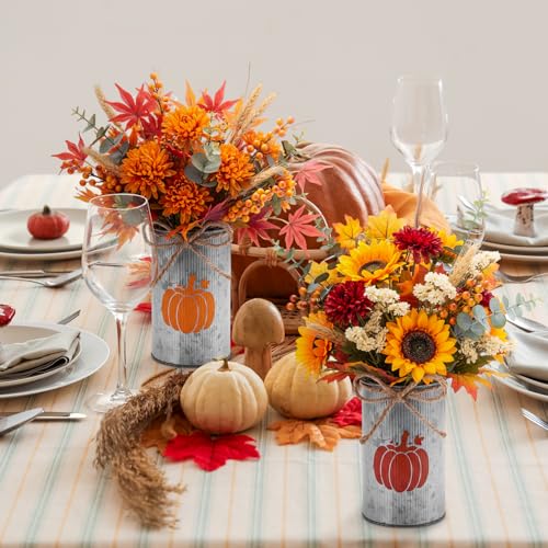 Thanksgiving Fall Pumpkin Vase Set - Rustic Metal Centerpieces, 3 Pieces, Iron Color