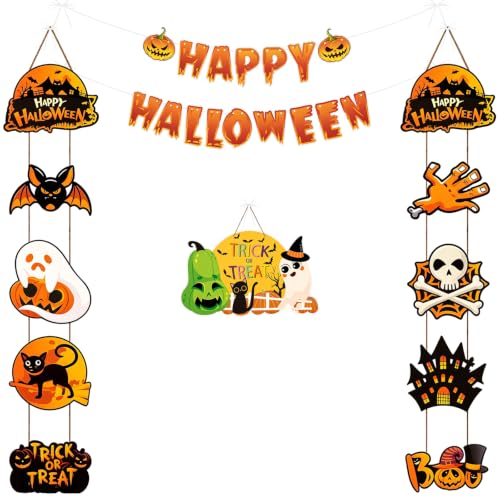 Halloween Banner and Decor Set with Pumpkin, Ghost, Bat & Skull for Indoor Outdoor Party