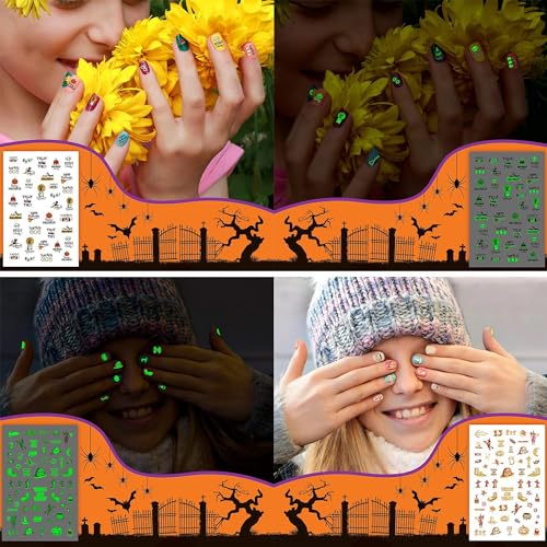 Glow Nail Stickers for Kids Halloween Decals 280+ Designs Self-Adhesive Fun Nails