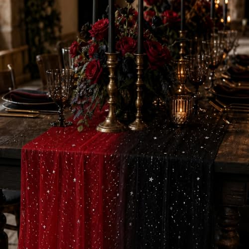 Black & Red Sequin Sheer Table Runner 120 Inch - 6pcs, Gauze Tulle Holiday & Wedding Decor