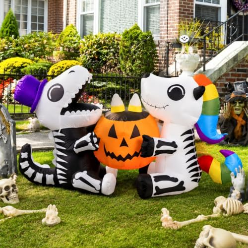 6 Ft Inflatable Sitting Skeleton Dinosaur with Pumpkin Halloween Yard Decor