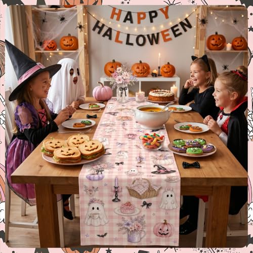 Pink Halloween Ghost Table Runner - Cute Gingham Party Decor, 13x72 inches - Variation of Pink Ghost