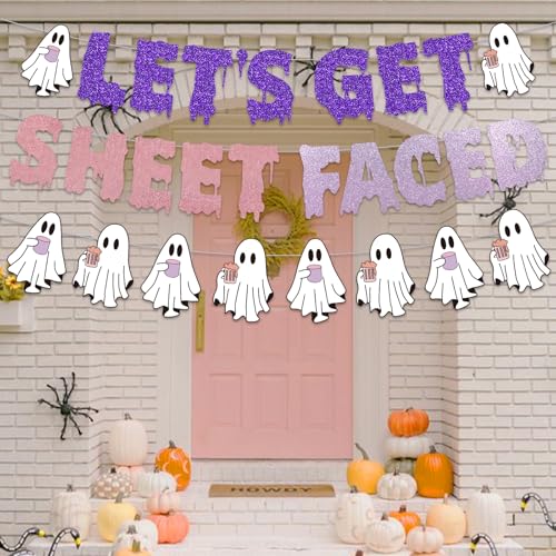 Halloween Pink Ghost Banner & Glitter Ghost Garland Set – Party Decorations