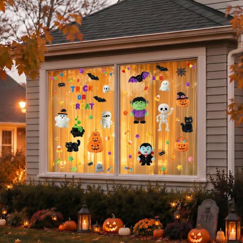 Plush Style Halloween Window Clings - 8 Sheets Spooky Cute Decals for Home & Office Decor