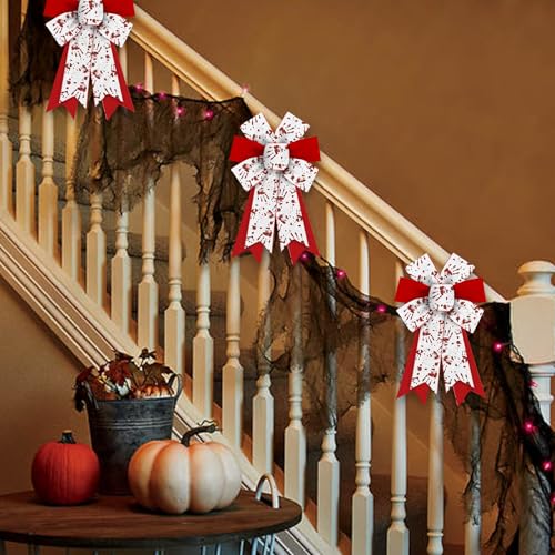 Halloween Wreath Bows - Red & White Burlap with Bloody Handprint, 2 Pieces, Style 3