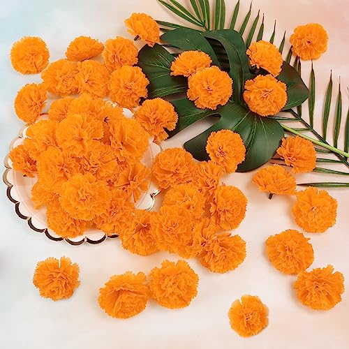 Artificial Marigold Flowers Set - 30 Pcs 3.54 Inch Orange Silk Flowers with Stems for Diwali Indian Wedding Home Decor, DIY Wreath Garland, Day of The Dead