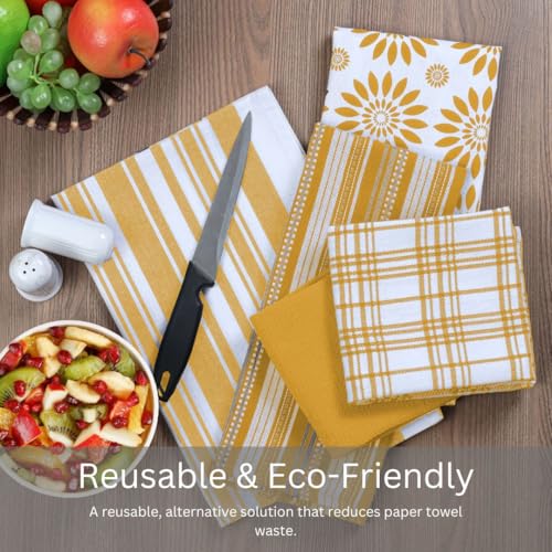 Kitchen Towels Set of 5 - 100% Cotton Dish Cloths with Hanging Loop - Mustard Yellow