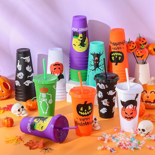 Halloween Plastic Cups with Lids & Straws - Ghost Style, 24 Oz, 36 Pack