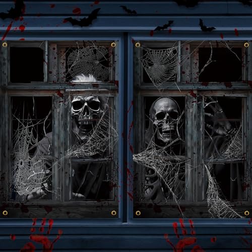 Halloween Window Cover - Skeleton Ghost Poster for Indoor & Outdoor Party - Terror C