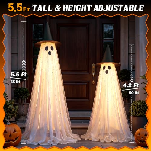 White Light Up Ghost Halloween Decorations - 2 Pack, Outdoor & Indoor, Remote & Timer