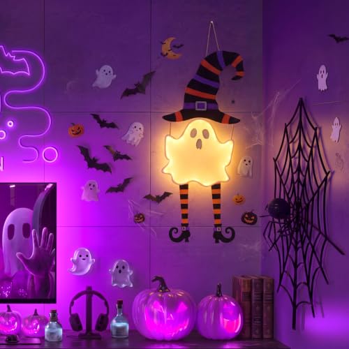 Halloween Ghost Light Up Door Sign Wooden Large Size - Spooky Door Hanger with Lamp
