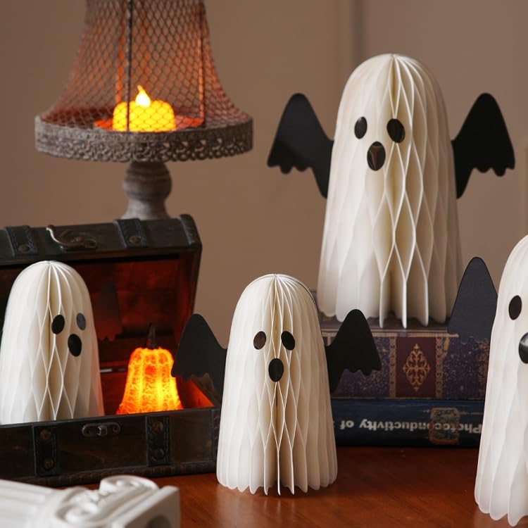 Halloween Ghost Paper Decorations Set - Honeycomb Centerpieces with Wings, 3-Piece