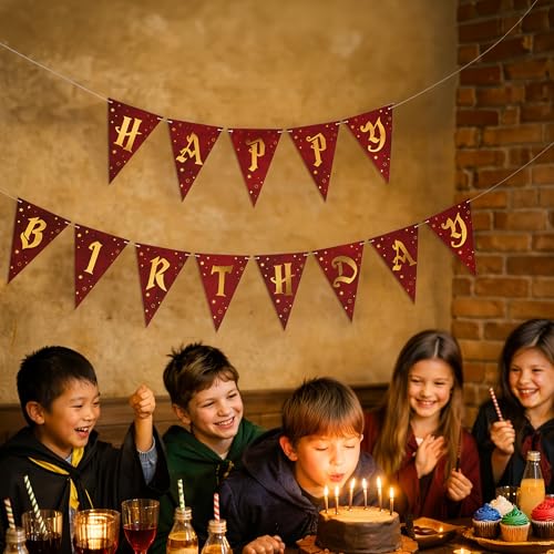 Happy Birthday Banner Set - Burgundy & Gold Wizard Theme Party Decorations