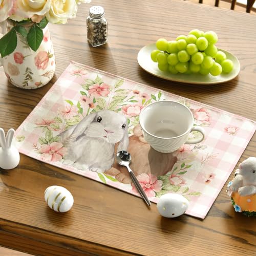 Pink Bunny Rabbit Flowers Easter Placemats Set of 4 - 12x18 Inch Spring Table Decor