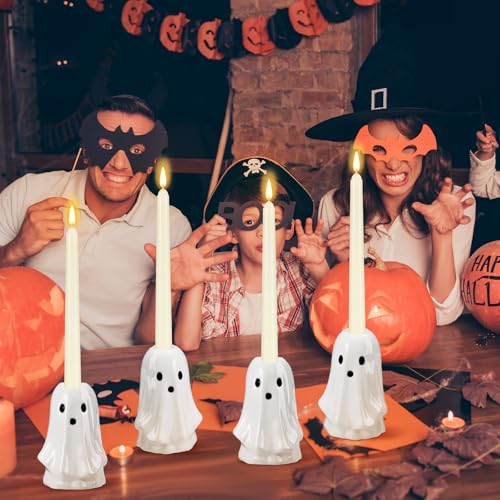 Set of 4 Ceramic Halloween Ghost Candle Holders - Cute Festive Decor