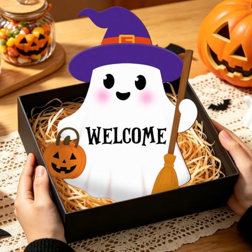 Halloween Ghost Door Wreath Hanger Sign with Welcome - White Ghost Variation