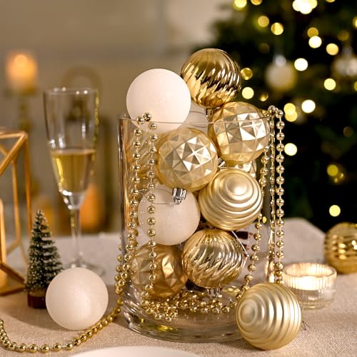 Valery Madelyn White Gold Christmas Ornaments Set 24ct - Shatterproof Holiday Tree Decorations