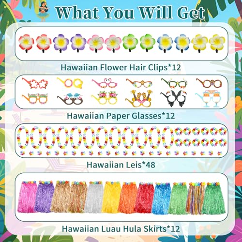 Hawaiian Party Supplies Set with 23.6'' Adjustable Hula Skirts & Accessories - 84 Pcs, Variation of THIS listing