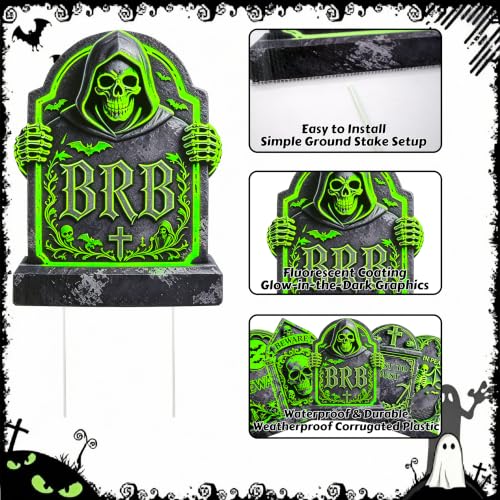 6 Pack Halloween Glow-in-The-Dark Tombstone Decorations - Weatherproof Outdoor Gravestones