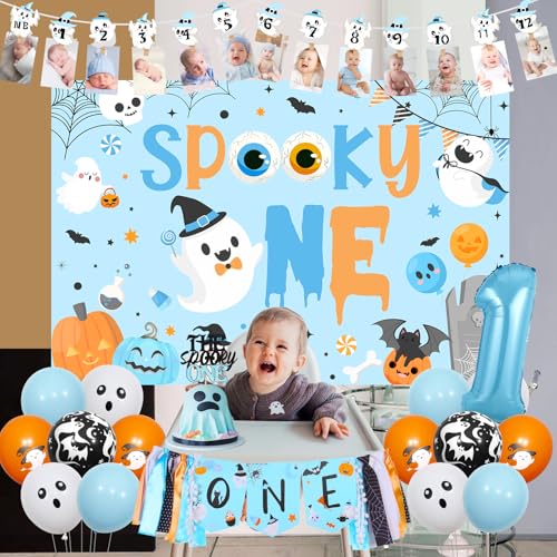 Halloween 1st Birthday Party Decorations Boy Set with Banner Balloons Backdrop & Cake Topper