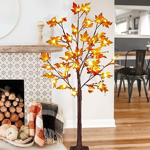 Lighted Maple Tree Decor - 4ft 11in Fall Autumn Thanksgiving Halloween Tree