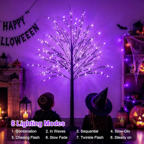 Purple 6FT Lighted Halloween Tree with 128 LED Lights & 8 Modes - Waterproof Indoor Outdoor Decoration