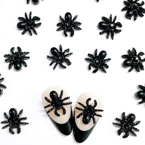 Halloween 3D Spider Nail Charms Set - Black Glitter Mini Rhinestones, W-14