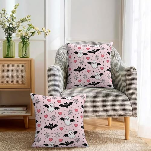 Halloween Pink Ghost Bats Heart Throw Pillow Covers Set of 2 18x18 Inch Decorative Cushion Cases for Sofa Couch Bed