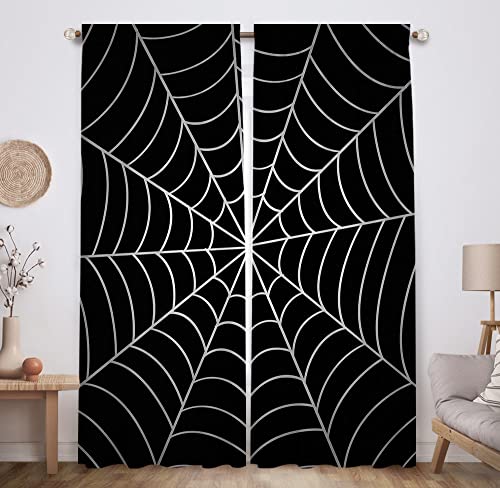 Children's Halloween Spider Web Window Curtains - Black Microfiber 82x84 Inches