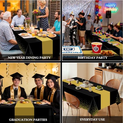Black & Gold Tablecloth and Runners Set - 12 Pack Birthday Party Decor, 54x108 Inches