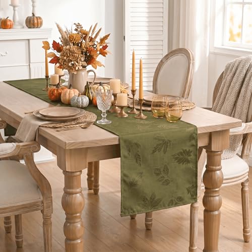 Maple Leaf Moss Green Granular Jacquard Table Runner 13x72 Inch – Durable Home Decor