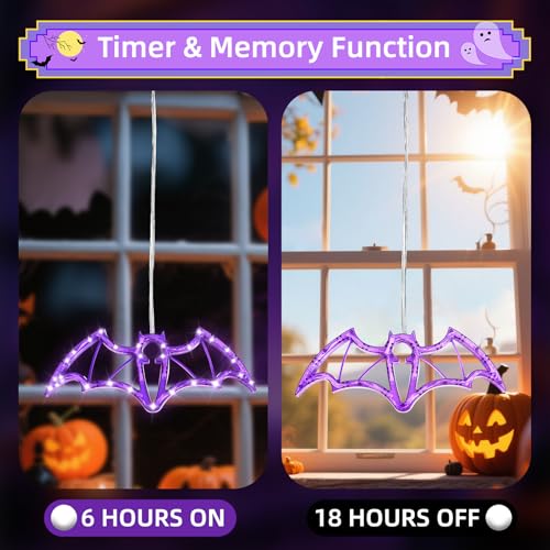Halloween Hanging Window Lights - Purple Bat LED String Lights, 36 LEDs, USB & Battery Powered, with 6-Hour Timer - Variation: Purple / 36LED