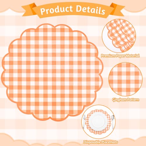 Orange Checkered Gingham Paper Placemats - Disposable Fall Table Decor, 60 Pcs