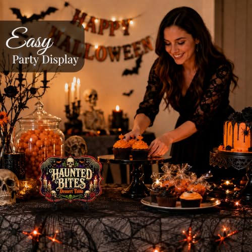 Halloween Dessert Table Sign - Haunted Bites Skull Wooden Snack Decor with Iron Stand