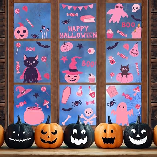 Pink Halloween Window Stickers - 9 Sheets Cute Pumpkin Ghost Bat Web Decorations